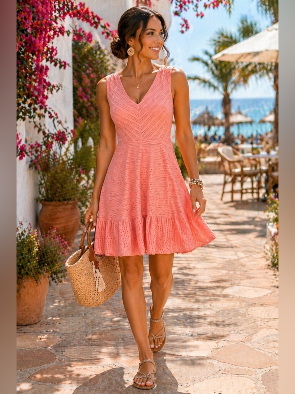 Bar III Coral Peach Eyelet Fit & Flare Dress Crochet Pointelle Ruffle Hem Size M
